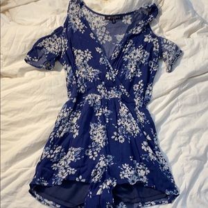 Blue and white floral romper with cold shoulder